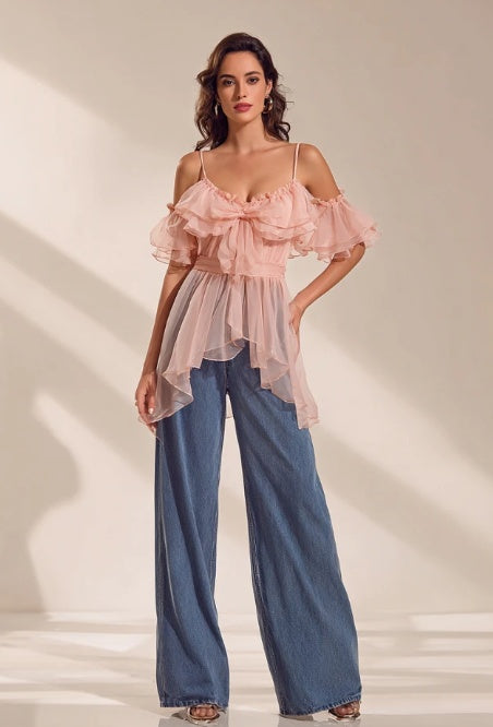 Ruffled Off Shoulder Chiffon Blouse With Asymmetric Hem – Premium 4 | RICALOUX