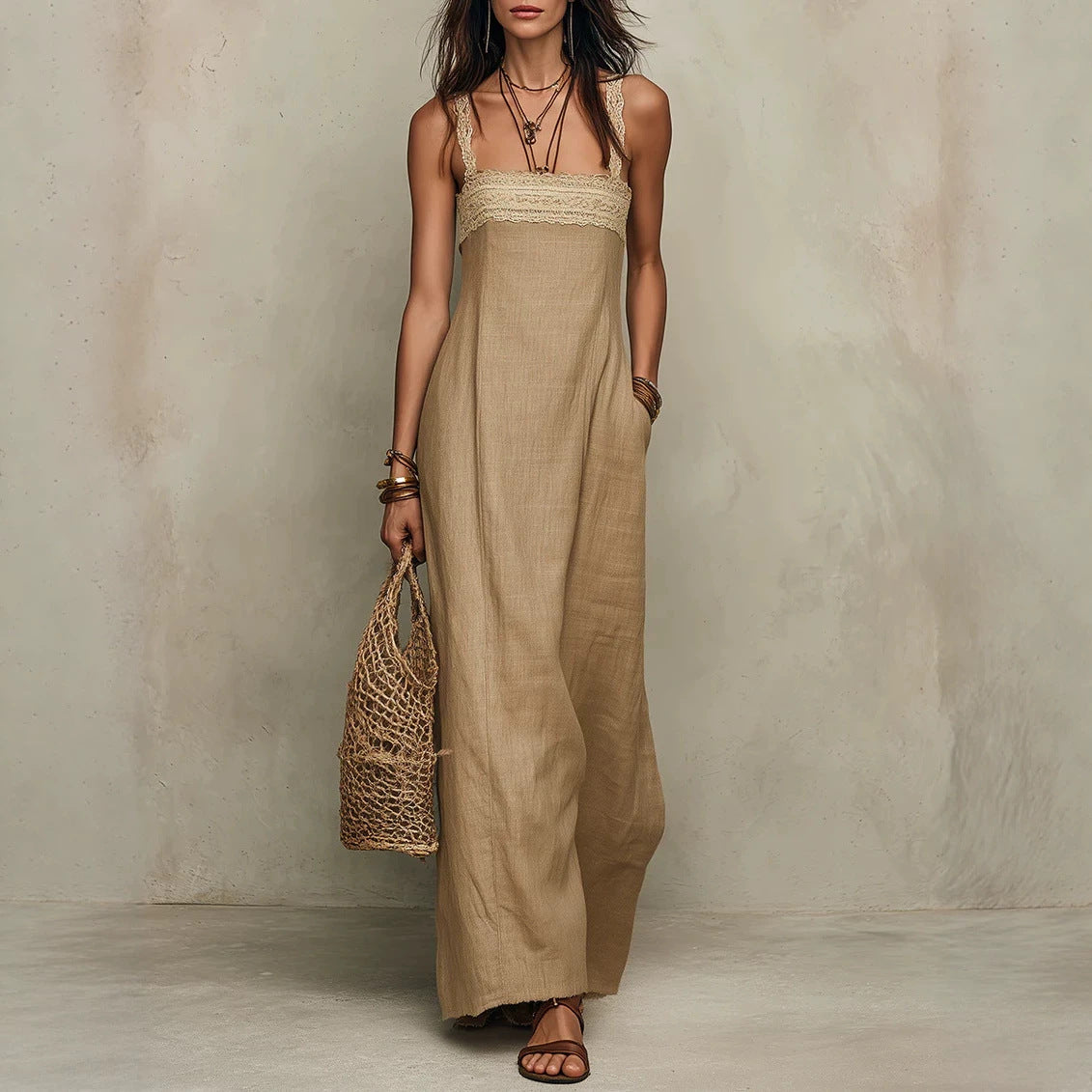Loose-fit Womens Strap Straight Maxi Dress by Ricaloux