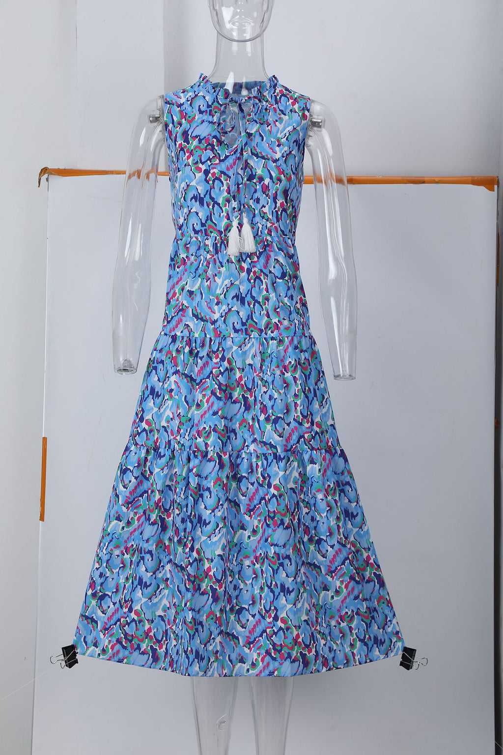 Sleeveless V-neck Tassel Abstract-print Dress by Ricaloux