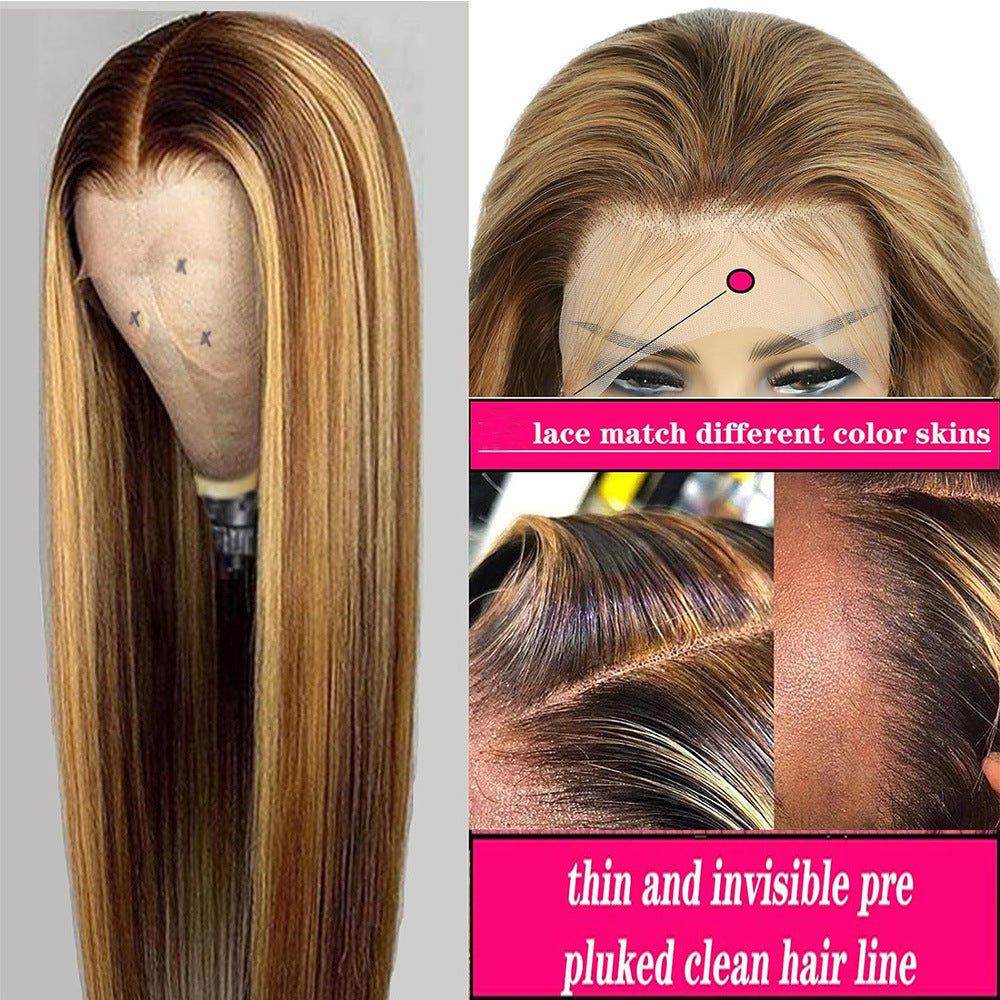 Real Human Hair Female Long Straight Hair Front Lace Wig Head Cover by Ricaloux