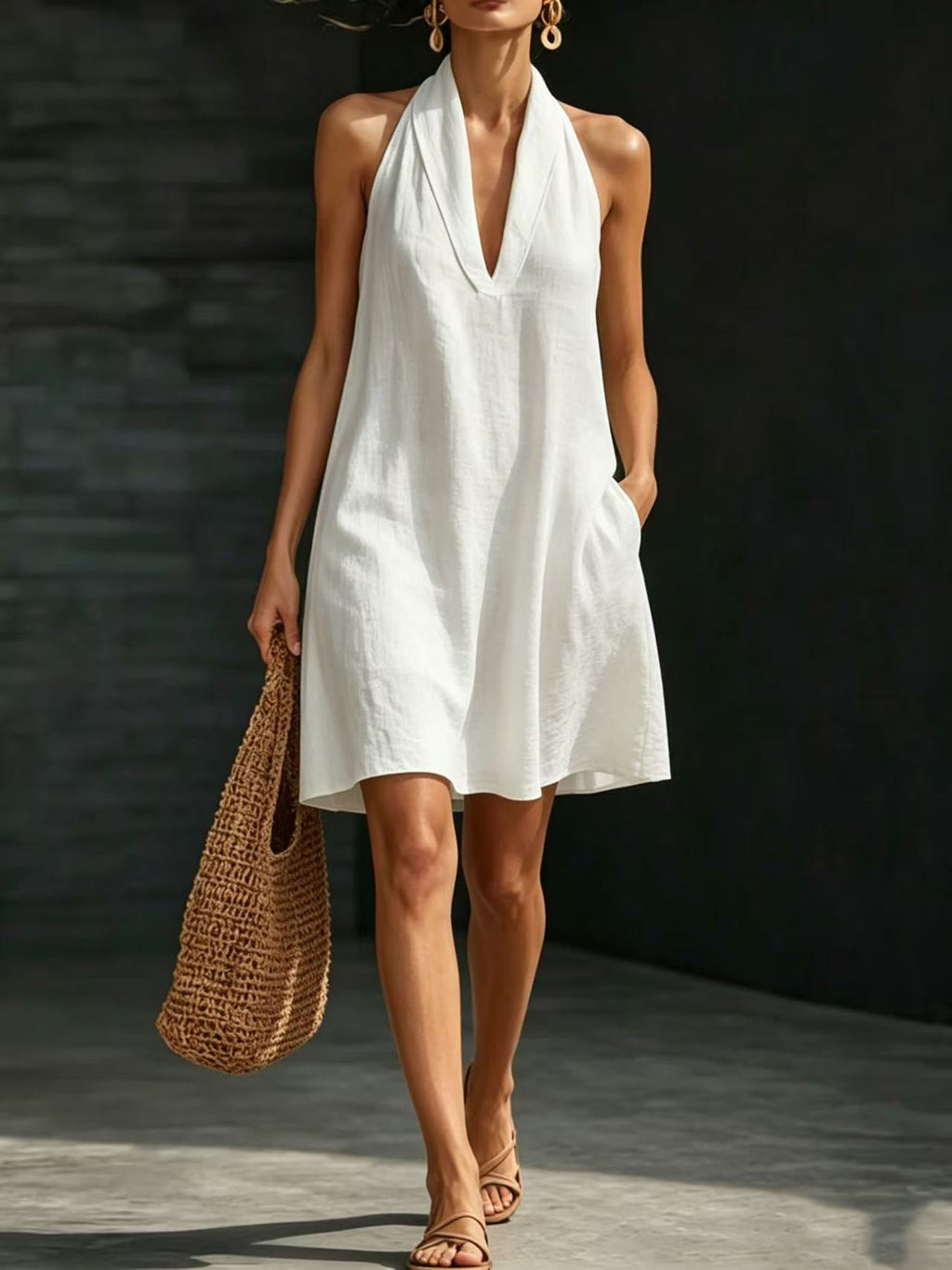 Casual Short Solid-color V-neck Dress by Ricaloux