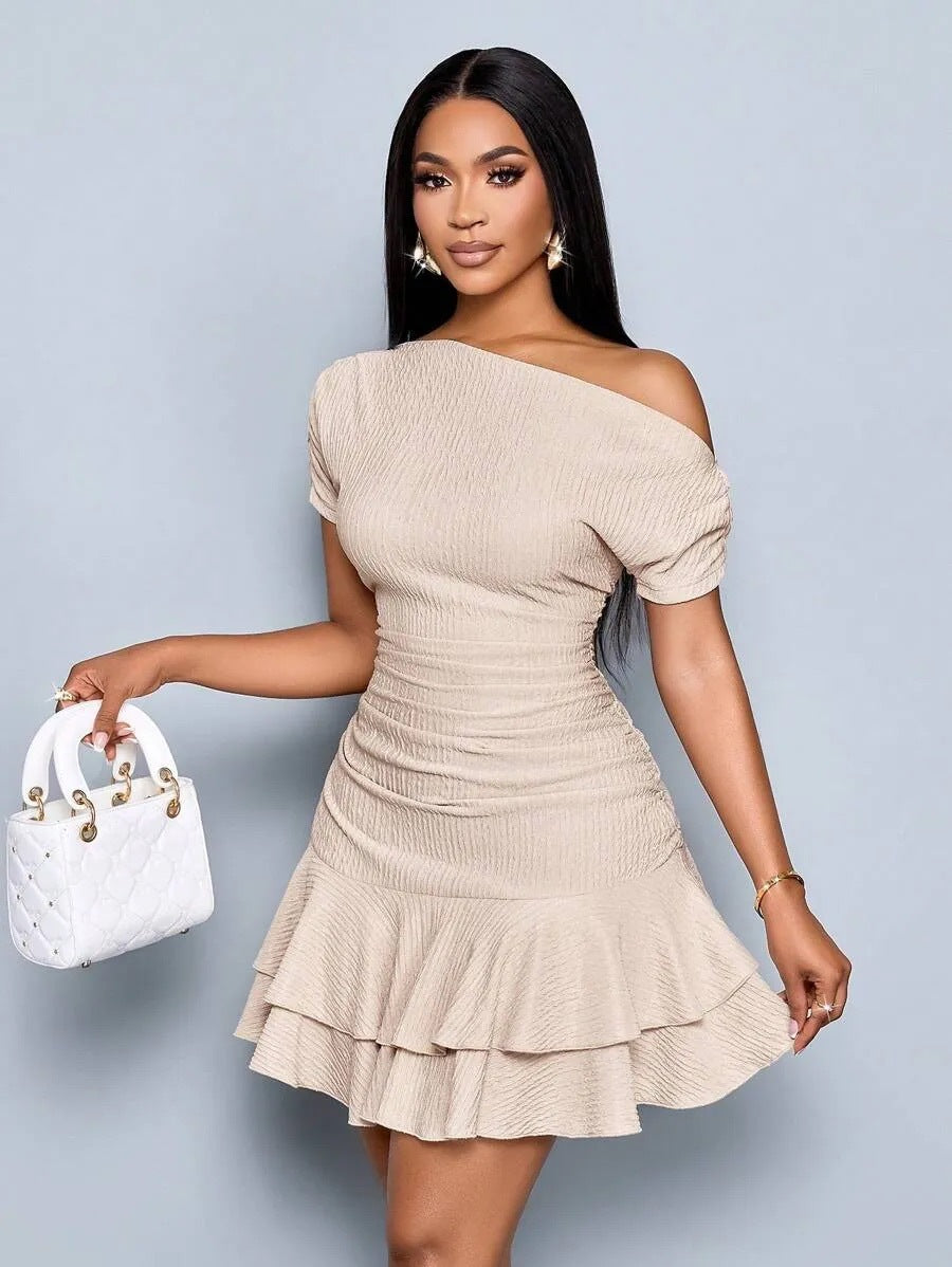 Summer Asymmetrical One Shoulder Short Sleeve Ruched Bodycon Ruffle Mini Dress - Sexy Solid Color Club Dress, Multiple Colors Available by Ricaloux