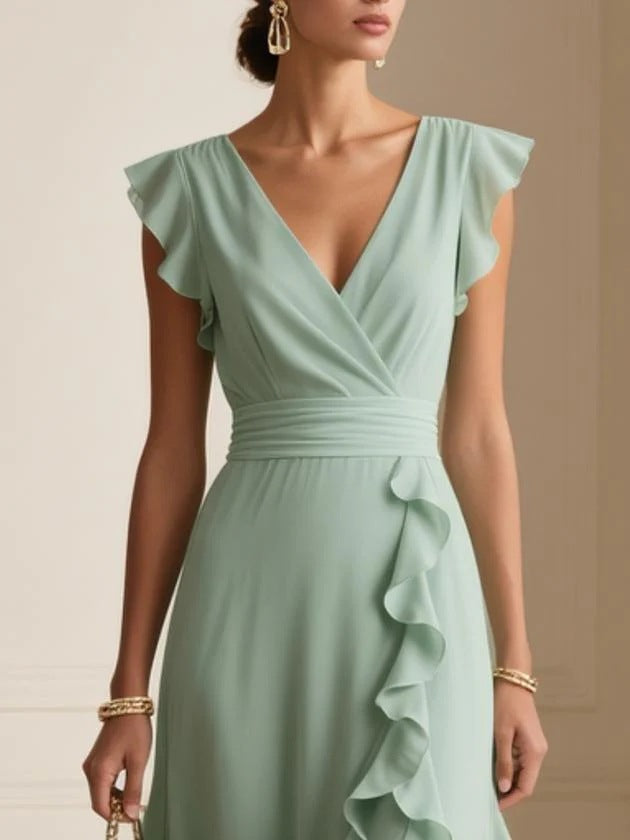 Women's Elegant Solid Color Ruffle Sleeveless Sexy V-Neck Long Dress Fashionable Bohemian Women's Party Evening Maxi Dresses by Ricaloux