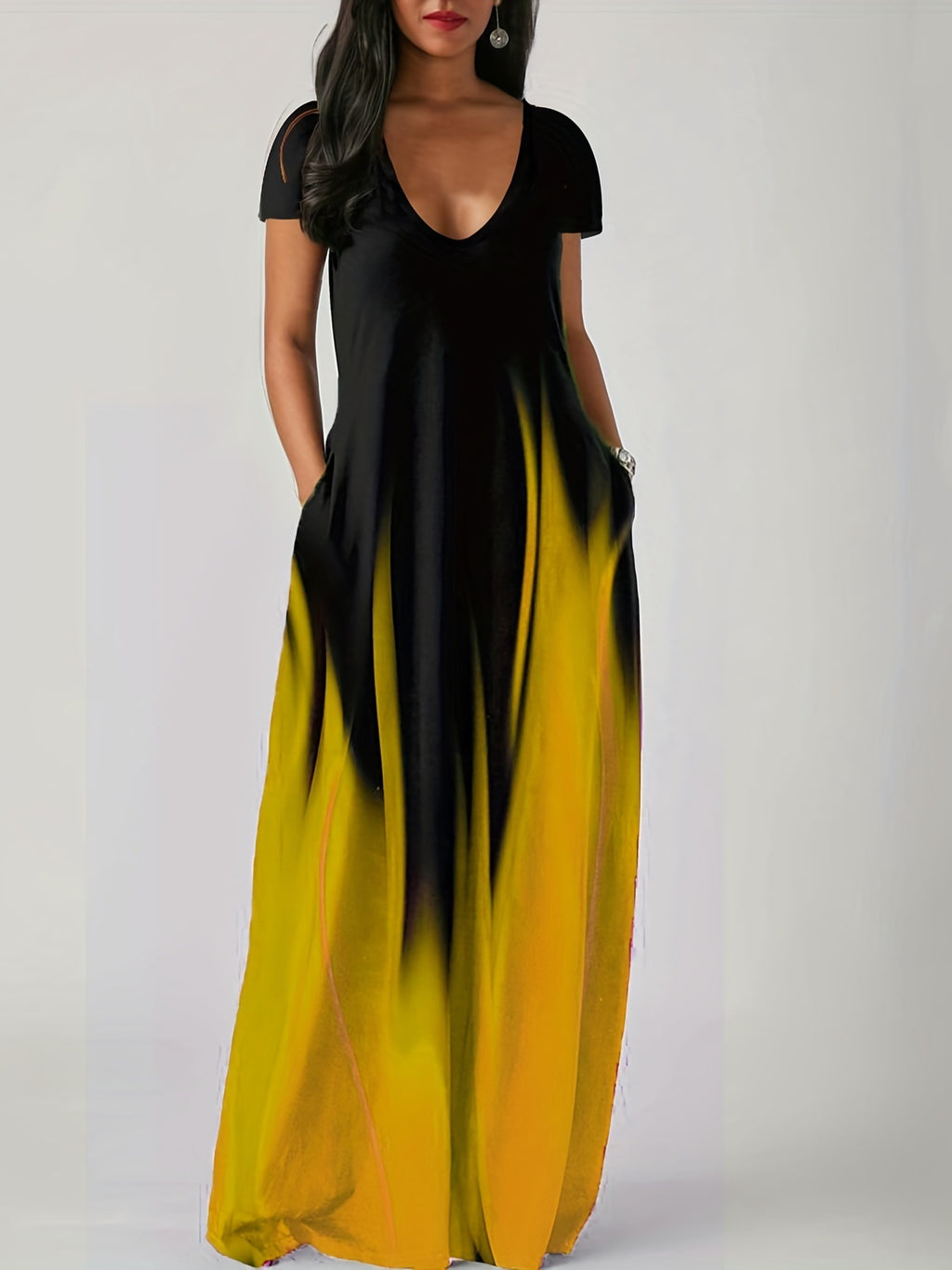 Women's Ombre Gradient Short Sleeve Maxi Dress With Pockets Casual V-Neck Loose Fit Long Dress For Summer – Premium 4 | RICALOUX