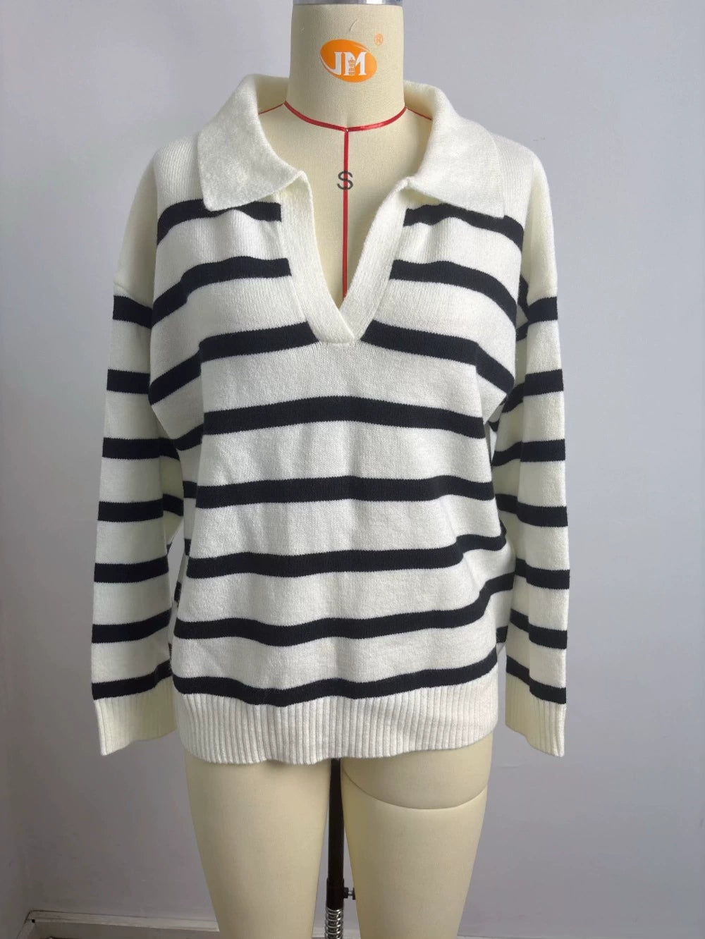 Fashion Patchwork Striped Lapel Loose Plus Size Knit Sweater For Women – Premium 4 | RICALOUX