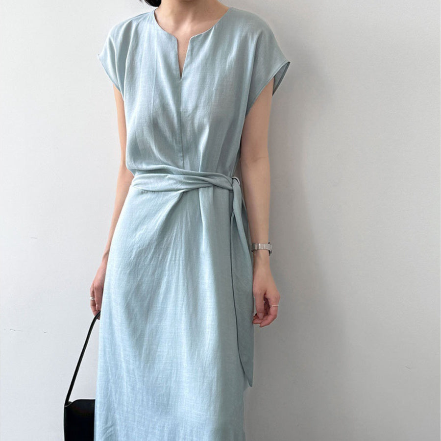 Womens Flax Irregular Strap Cinched Waist Dress – Premium 0 | RICALOUX