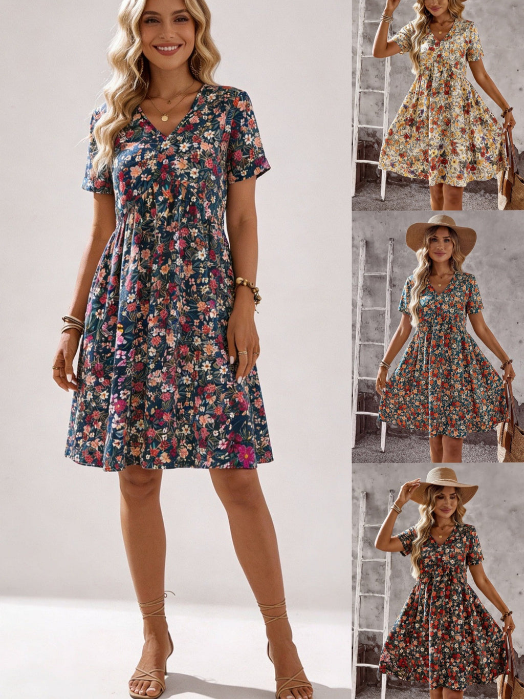 Women's V-Neck Short Sleeve Floral Print Ruffled Hem Mini Dress - Casual Boho Flared Swing Dress, Summer Dress For Women – Premium 4 | RICALOUX