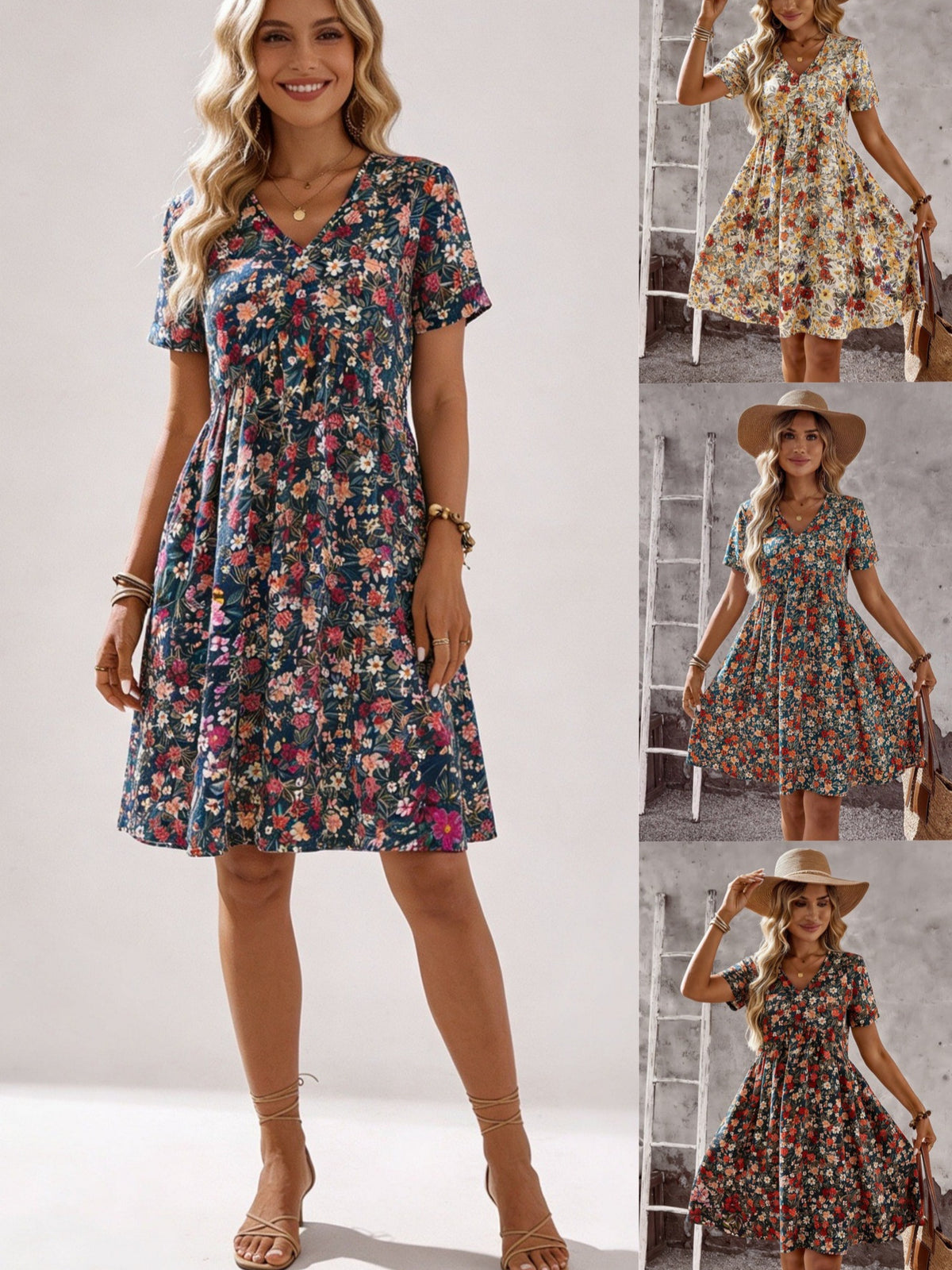 Women's V-Neck Short Sleeve Floral Print Ruffled Hem Mini Dress - Casual Boho Flared Swing Dress, Summer Dress For Women – Premium 4 | RICALOUX