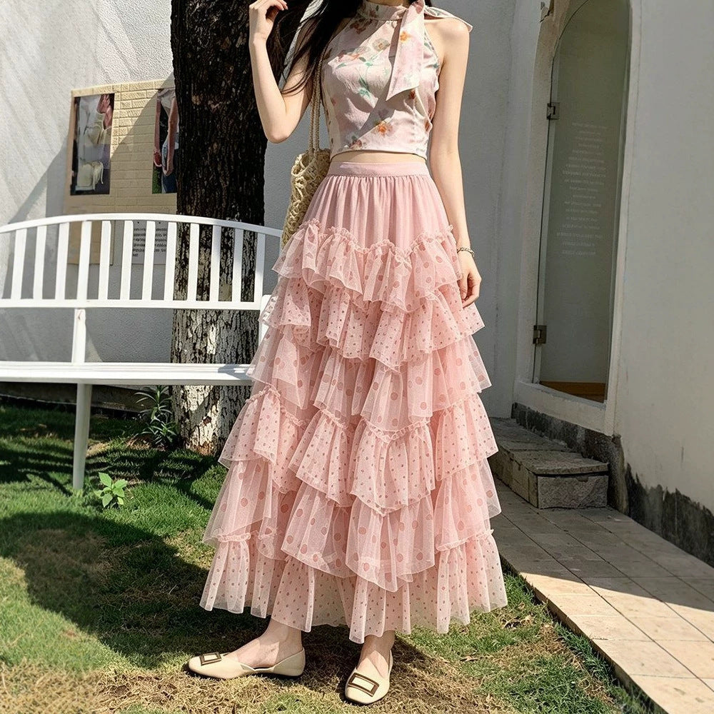 Ethereal Chiffon Puff Polka-dot Skirt by Ricaloux