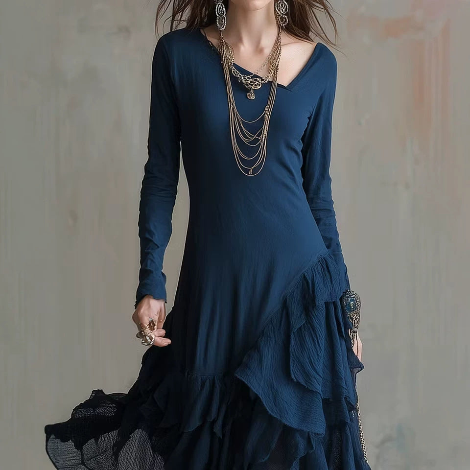 Asymmetrical Ruffled Hem Casual Waist-cinching Slimming Dress With A Mock Neck And Vintage Flair by Ricaloux