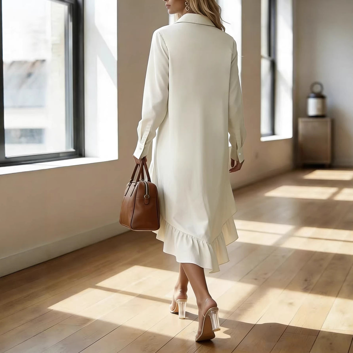 Loose-fitting Lapel-collar Long-sleeve Button-up Shirt Dress by Ricaloux