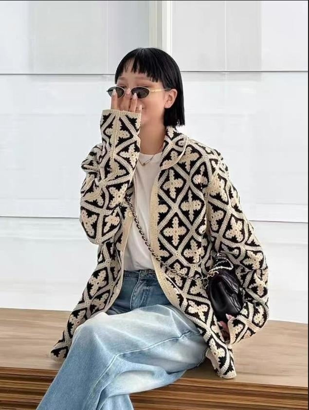 French-style Elegant Crocheted Floral Plaid Cardigan With A Lapel by Ricaloux