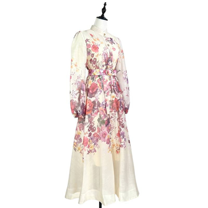 Stand-collar Single-breasted Dress With Puff Sleeves A Fitted Waist by Ricaloux