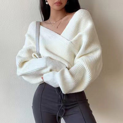 V-neck Solid-color Off-shoulder Knit Pullover For Women – Premium 0 | RICALOUX