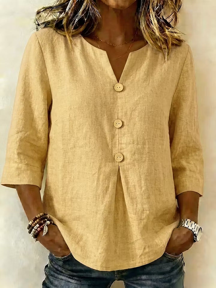 Solid-color V-neck Three-quarter-sleeve Casual Loose-fit Cotton-linen Top by Ricaloux