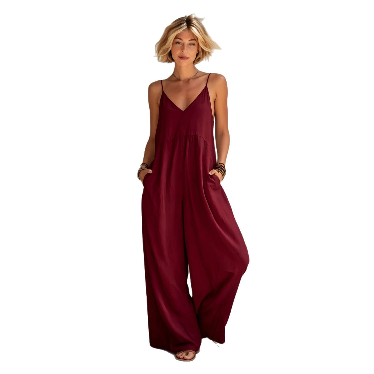 SpringSummer New Womens Solid-Color Cotton-Linen V-Neck Lace-Up Suspender Wide-Leg Jumpsuit by Ricaloux