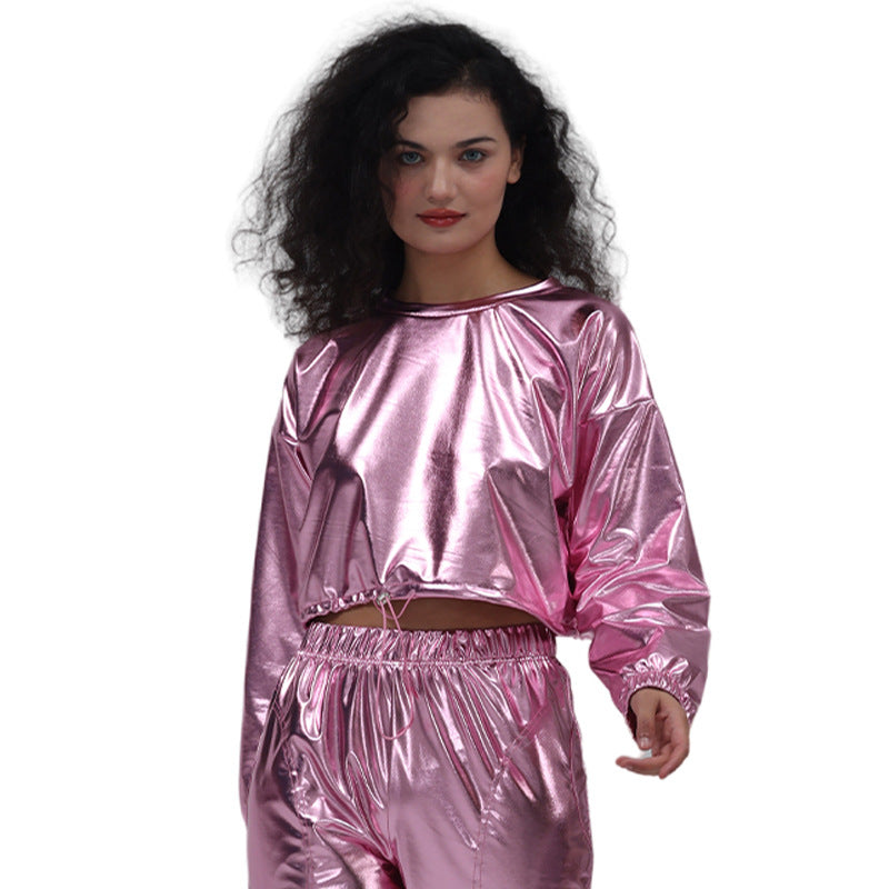Long Sleeve Round Neck Drawstring Embossed Shiny Leather Sweatshirt by Ricaloux