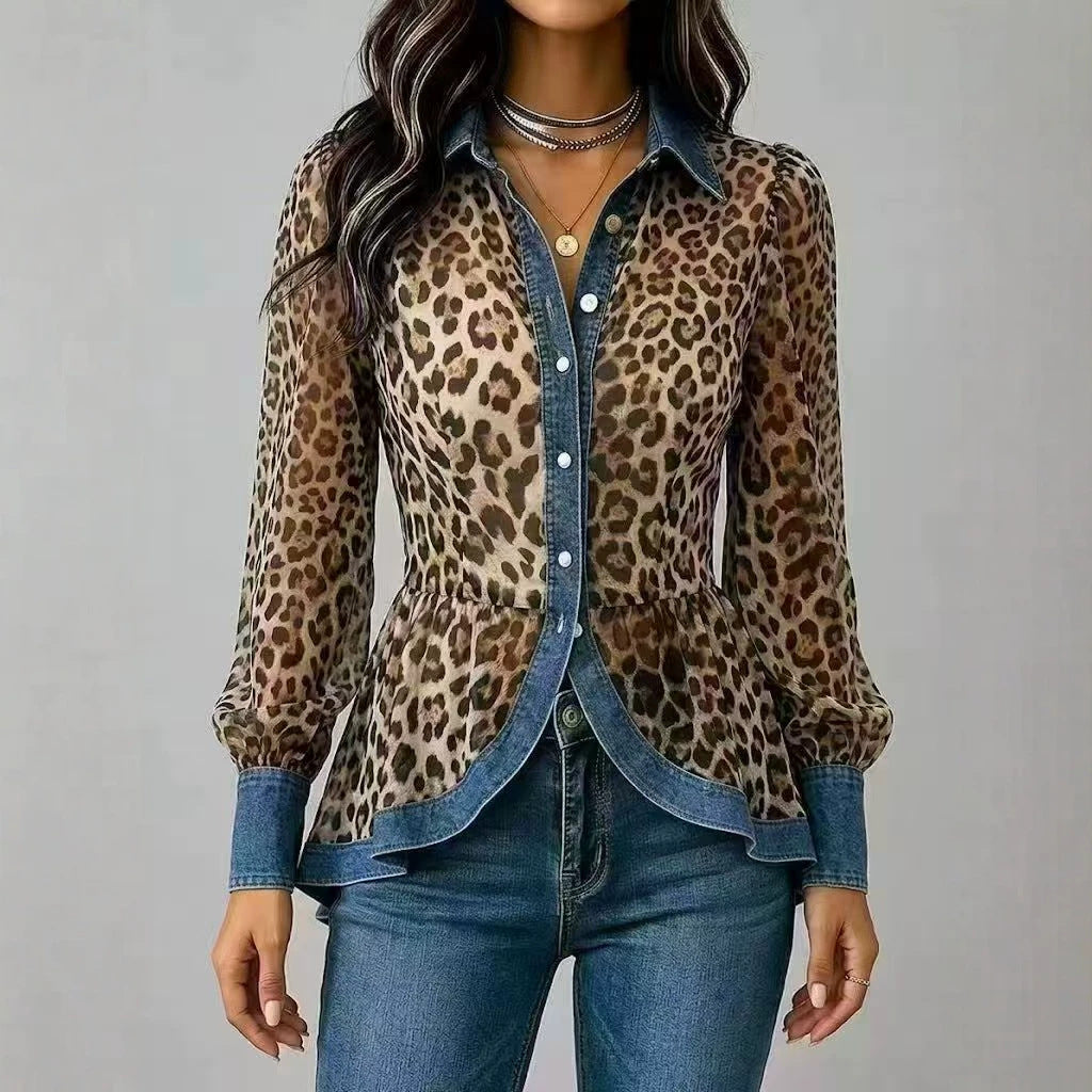 New Womens Leopard-Print Patchwork Denim Long-Sleeve Shirt – Premium 0 | RICALOUX