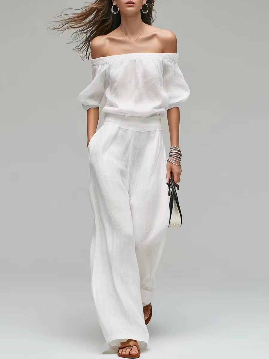 Cinched-top Blouse And Linen-textured Wide-leg Pants Set – Premium 0 | RICALOUX