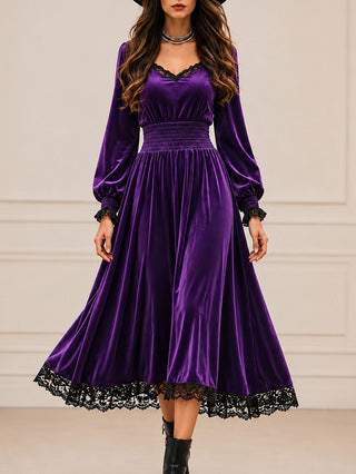 Casual Autumn Lace-Patchwork Velvet Evening Dress by Ricaloux
