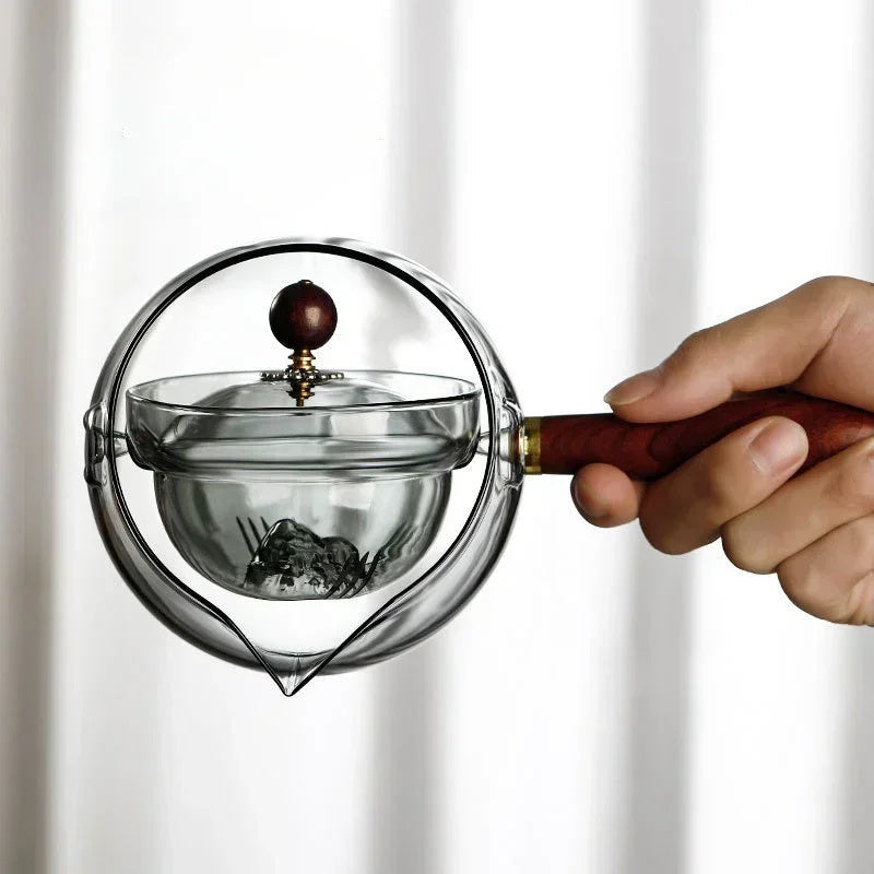 Semi-automatic Rotary Heat-resistant Glass Teapot Lazy Tea Making With Infuser And Wooden Handle Office Home Accessories Kitchen Gadgets by Ricaloux