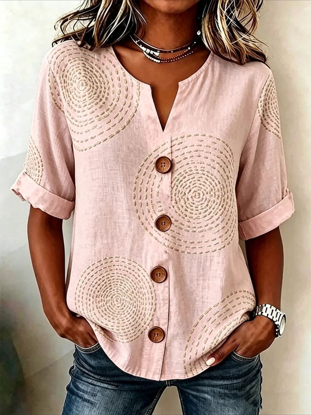 Lantern-sleeve Printed Button-up Womens Blouse by Ricaloux