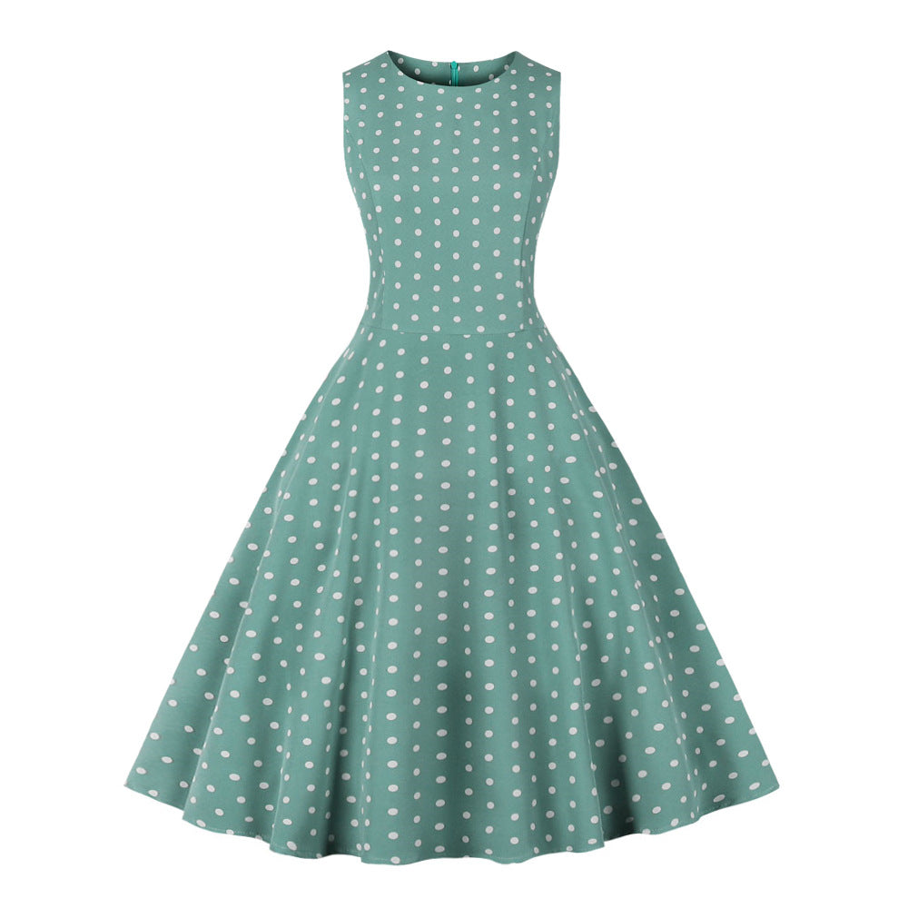 Retro Summer Round-neck Sleeveless A-line Dress With A Small Polka-dot Print And A Slim Fit by Ricaloux