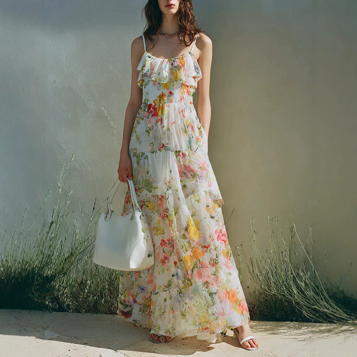 Summer Dress With A Long Bow Floral Print And Layered Chiffon by Ricaloux