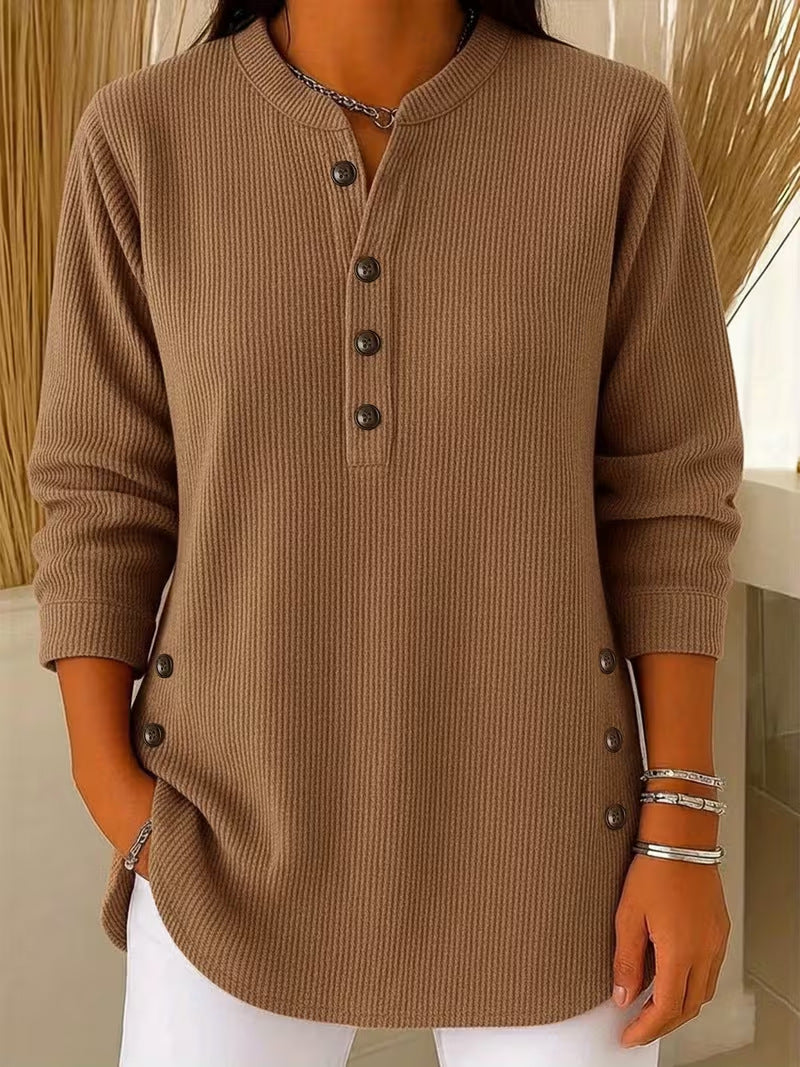 Womens Solid-color Corduroy Casual V-neck Long-sleeve Top With Buttons by Ricaloux