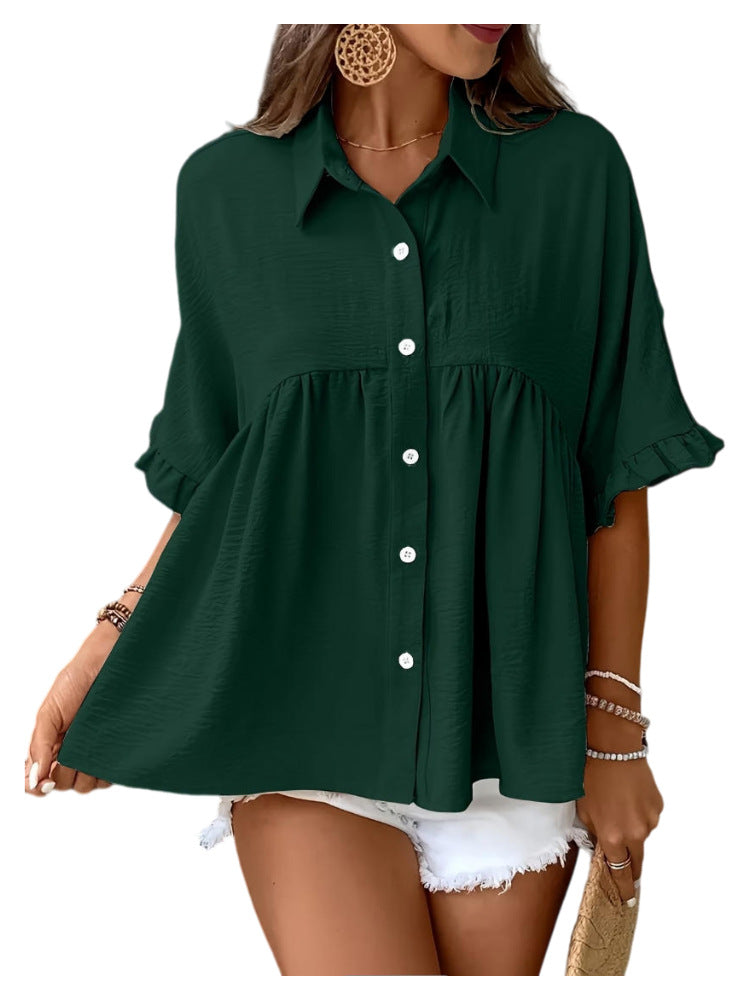 Polo-neck Flared-sleeve Solid-color Button-front Resort-style Top – Premium 0 | RICALOUX