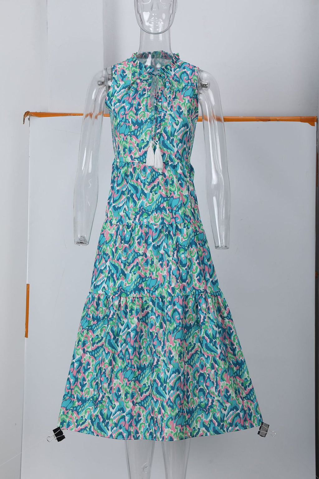Sleeveless V-neck Tassel Abstract-print Dress by Ricaloux