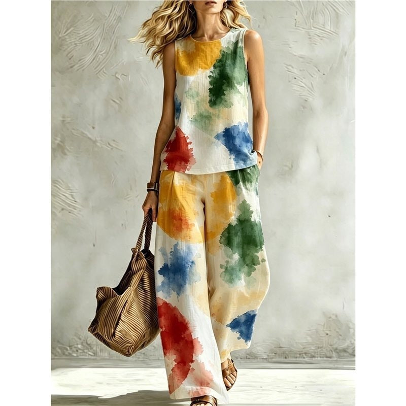 New-style Rainbow Tie-dye Sleeveless Crew-neck Top And Wide-leg Pants Womens Casual Two-piece Set – Premium 0 | RICALOUX