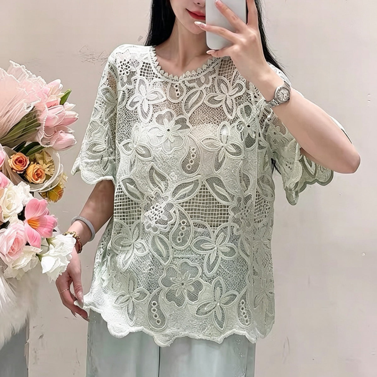 Design-focused Round-neck Lace Chanel-style Womens Top by Ricaloux