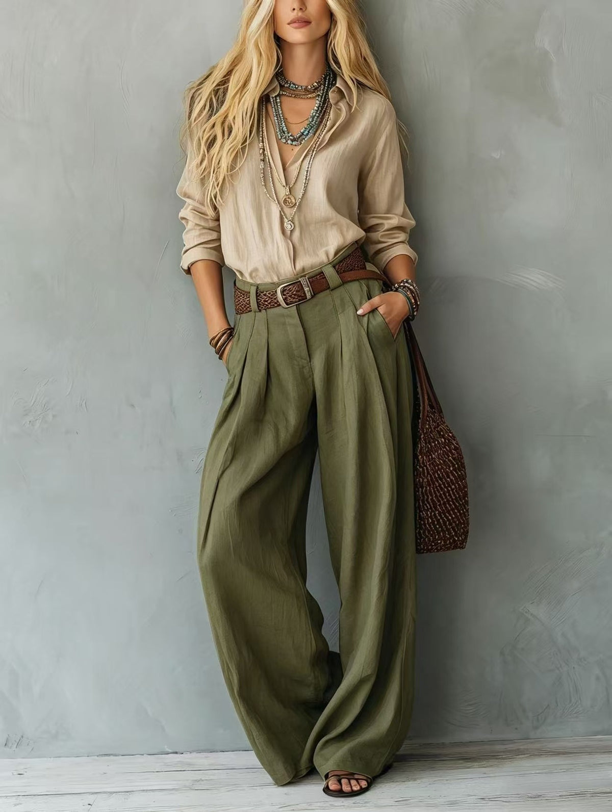 Womens Straight-Leg High-Waist Wide-Leg Pants And Blouse Set by Ricaloux