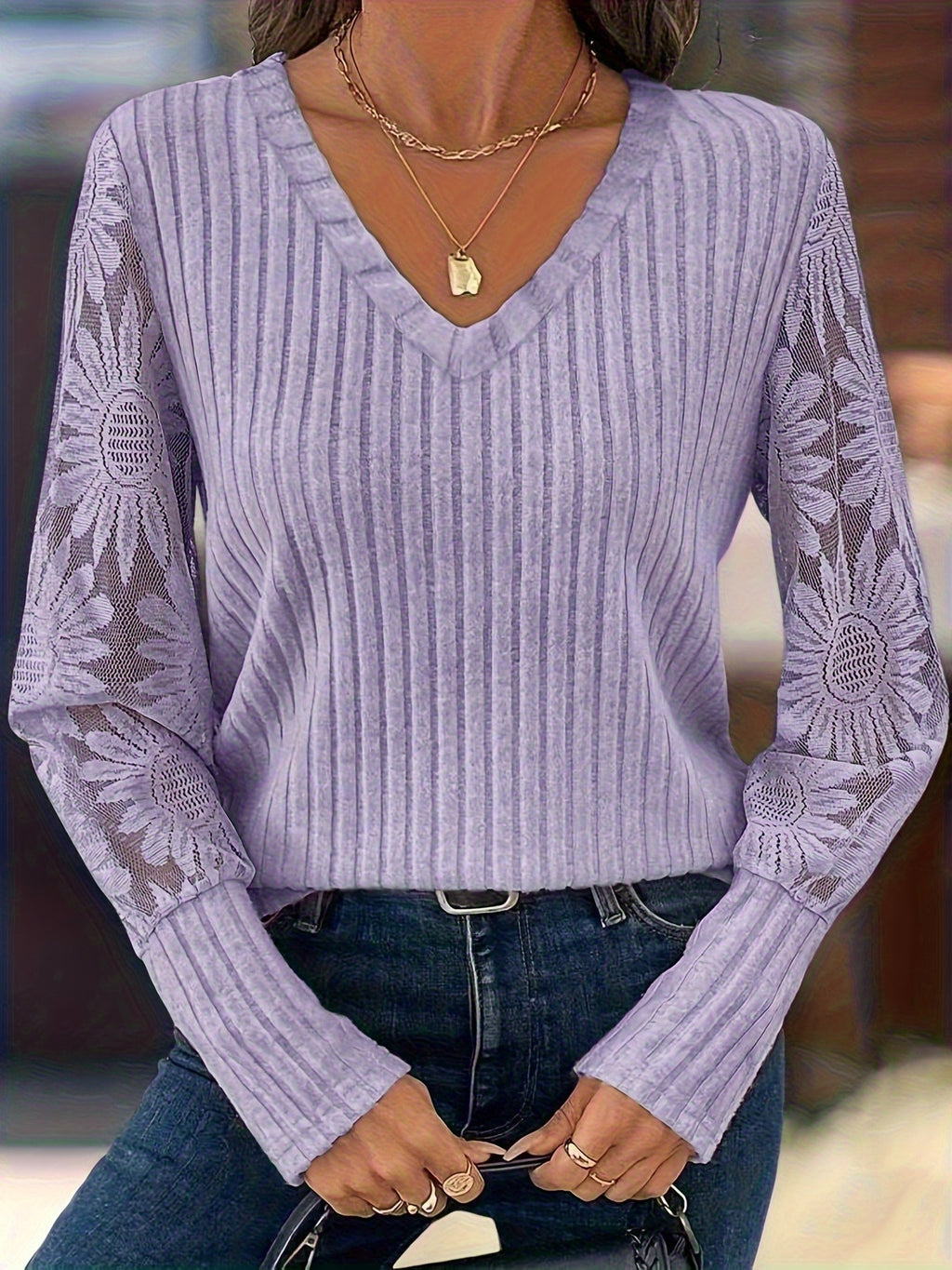 Knitted Patchwork Lace Long-sleeved Top by Ricaloux
