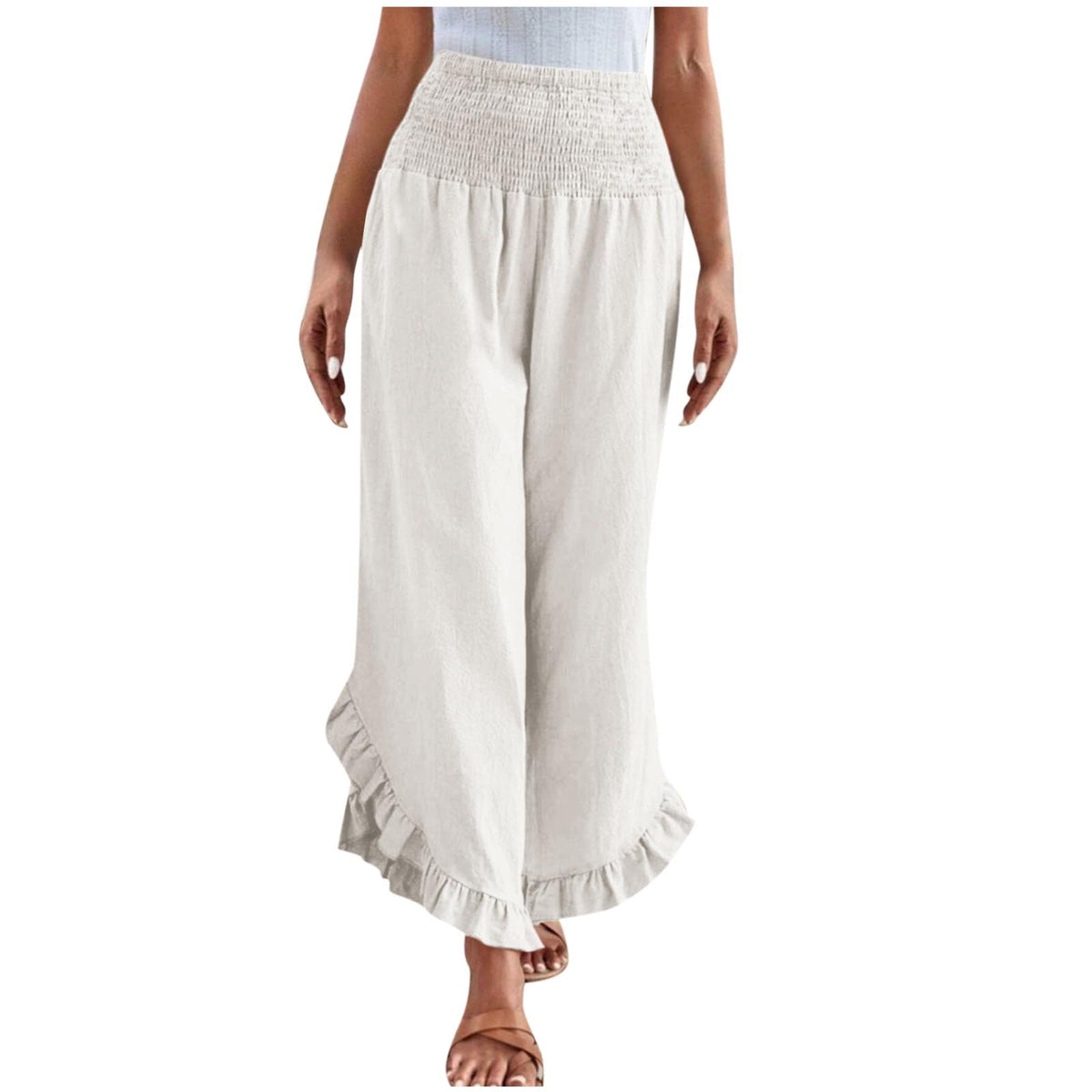 Womens High-waisted Asymmetrical-hem Cotton-linen Relaxed-fit Casual Pants – Premium 0 | RICALOUX