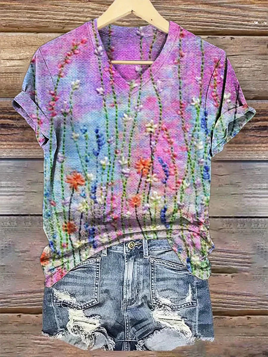 3D Digital Print T-Shirt Womens V-Neck Short-Sleeve Top by Ricaloux