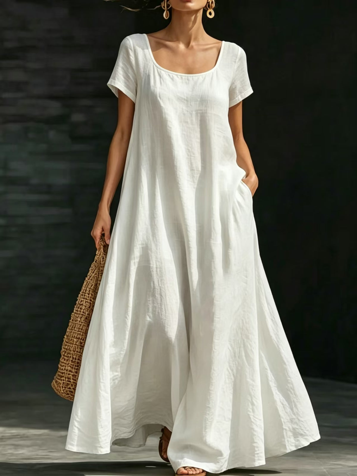 Summer Dress U-neck Short-sleeve Loose Casual Pure Color Full-skirted Long Dress by Ricaloux