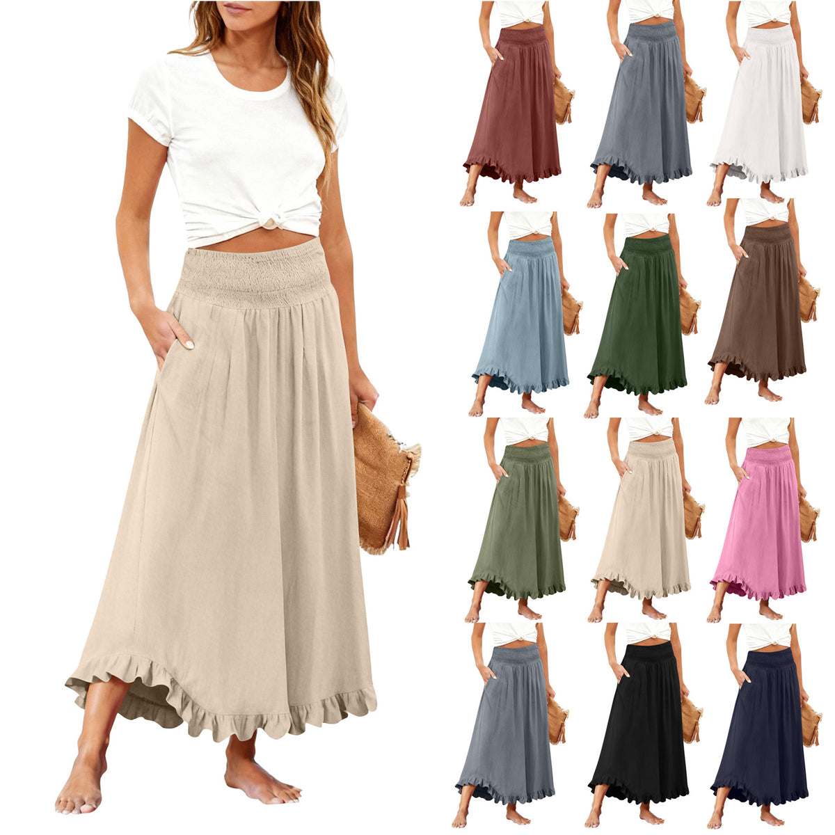 High-waisted Elastic-waist Long Skirt With Ruffled Hem by Ricaloux