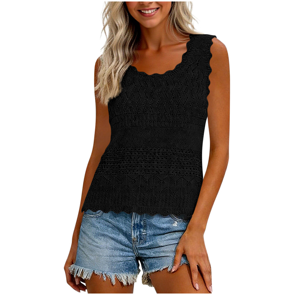 Women's Spring And Summer Cutout Knit Vest With Waves Ruffles Round Neck Breathable Outerwear And Innerwear Solid Color Sweater Innerwear – Premium 4 | RICALOUX