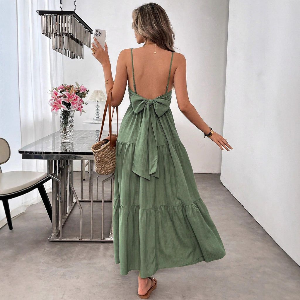 Backless Spaghetti-strap Tiered Maxi Dress With A Tie And A Large Bow At The Waist - RICALOUX