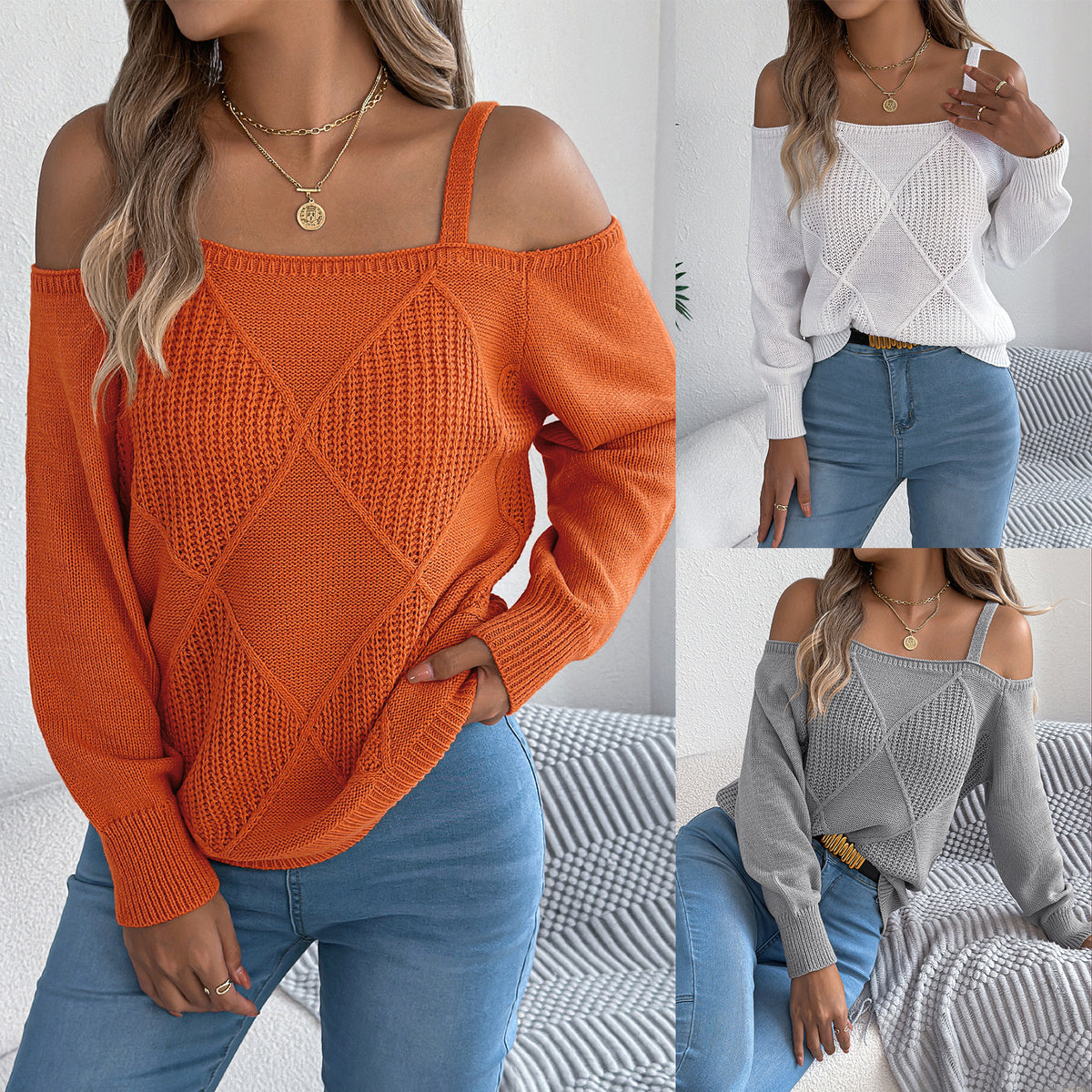 Solidcolor Cableknit Off Shoulder Lantern Sleeve Womens Top by Ricaloux