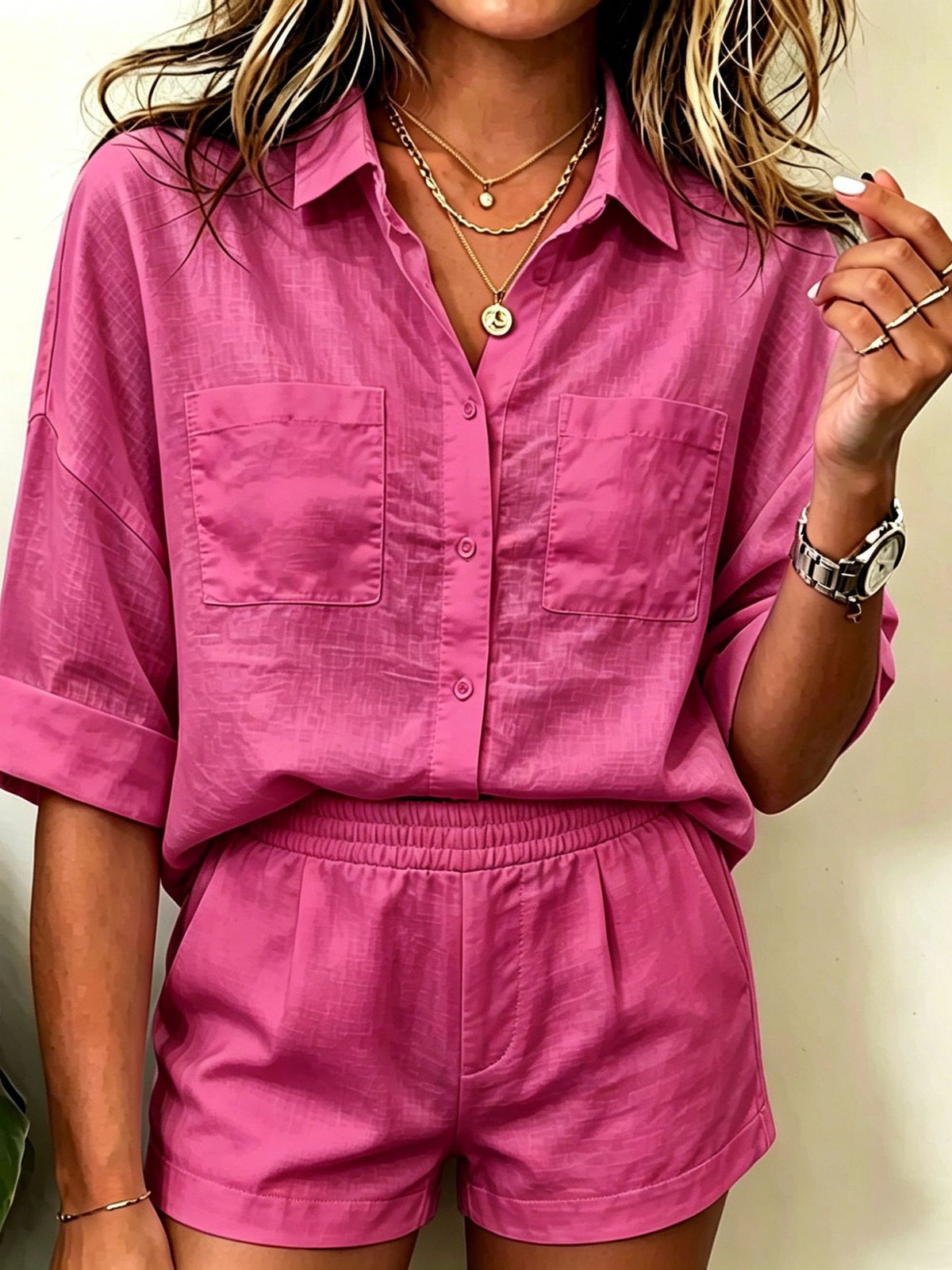 European And American-style Solid-color Shirt And Shorts Set For Women – Premium 0 | RICALOUX