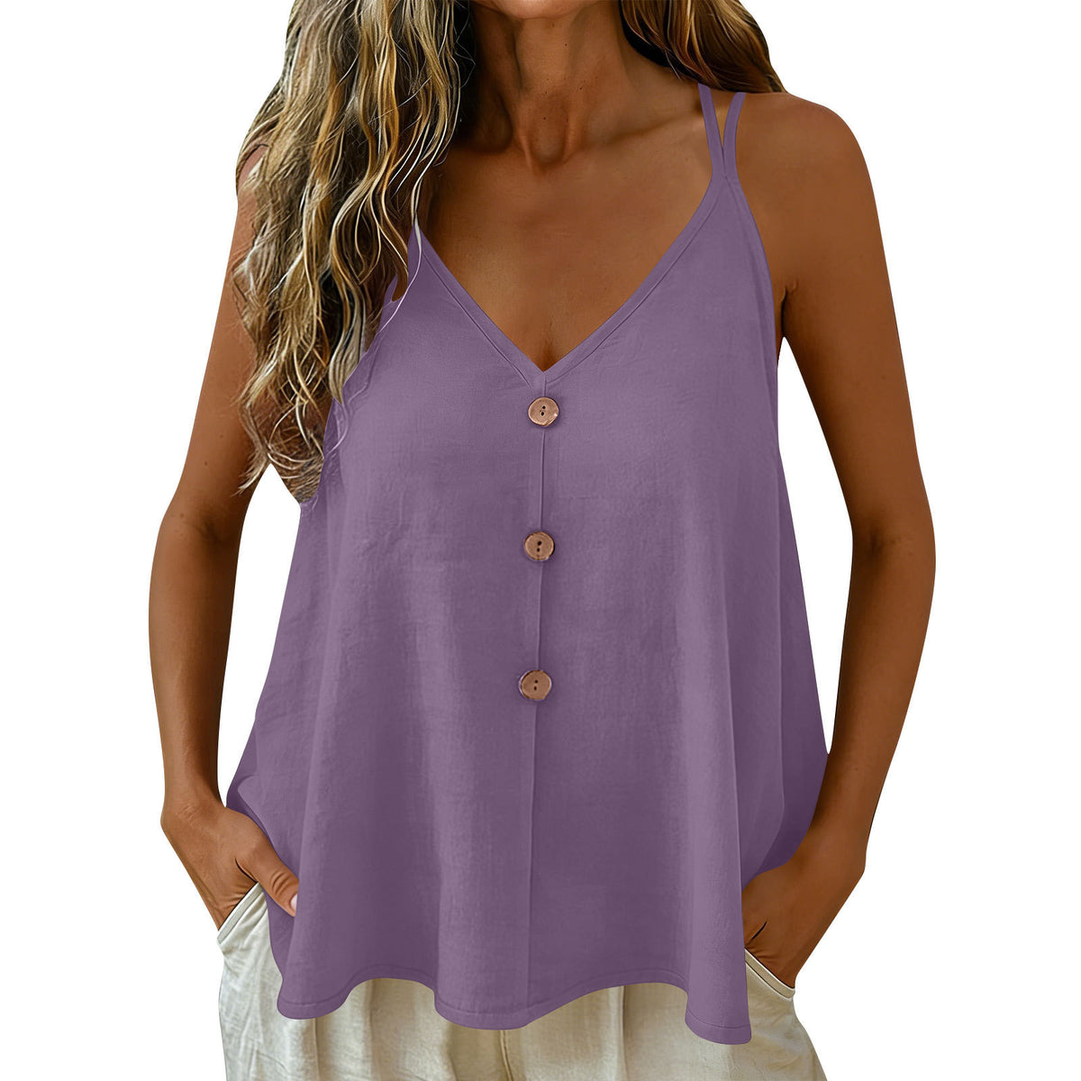 Womens Solid-color Vest With Adjustable Straps And Decorative Buttons by Ricaloux