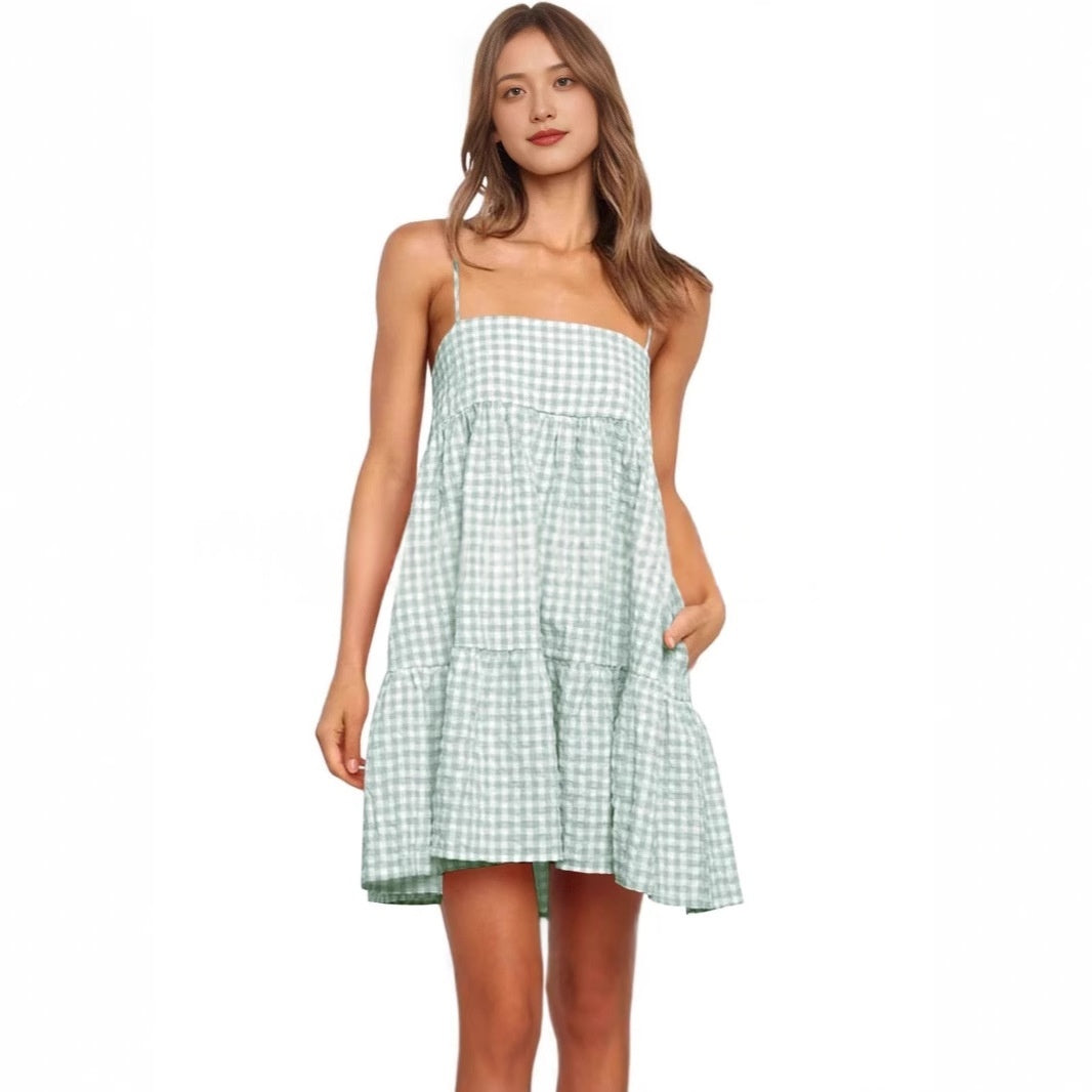 Casual Mini Dress With Shoulder Strap Ruffles And Side Pockets by Ricaloux