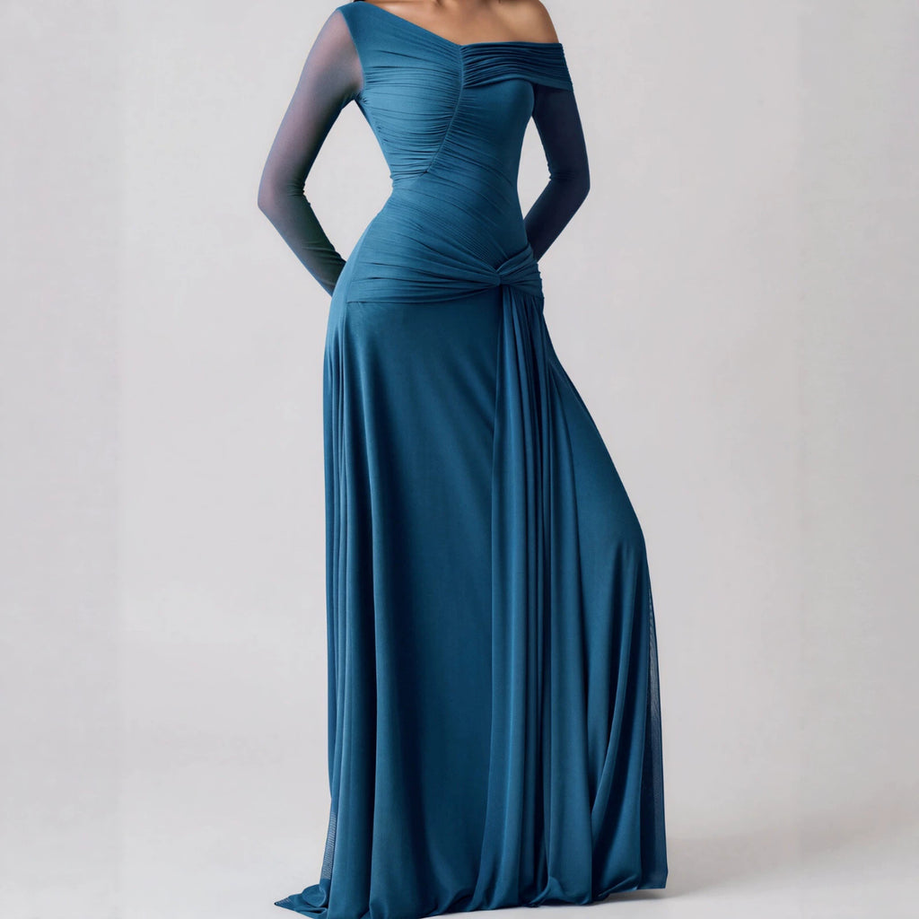 Asymmetrical One-Shoulder Sheer Mesh Mermaid Dress With Side-Twist Ruching And A Waist Cinch For Women – Premium 0 | RICALOUX