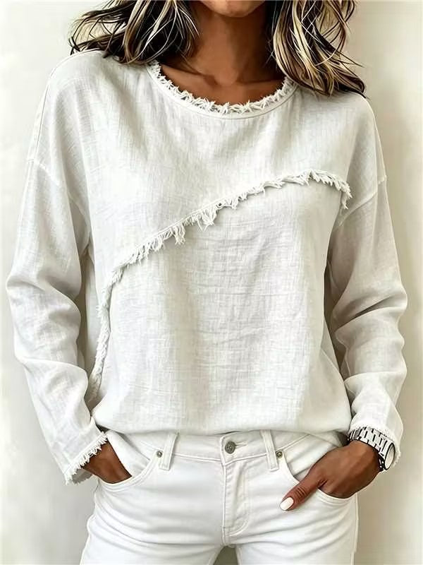 Round-neck Patchwork Lace Long-sleeve T-shirt Casual Top by Ricaloux