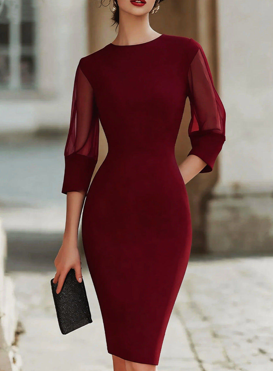 Womens Elegant Seven-Quarter-Sleeve Mesh-Panel Dress by Ricaloux