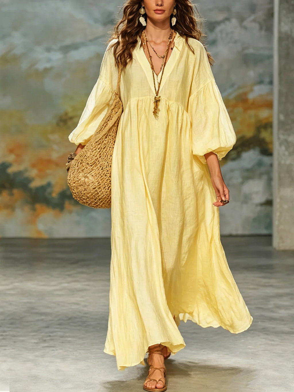 Deep-V Lantern-sleeve Loose-fit Flared Dress by Ricaloux