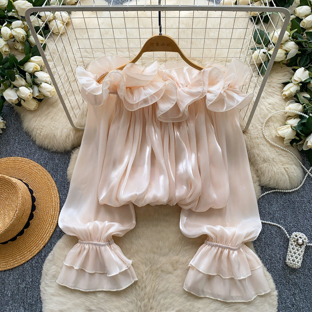 Off-the-shoulder Chiffon Blouse With Ruffled Trim Elegant Style by Ricaloux